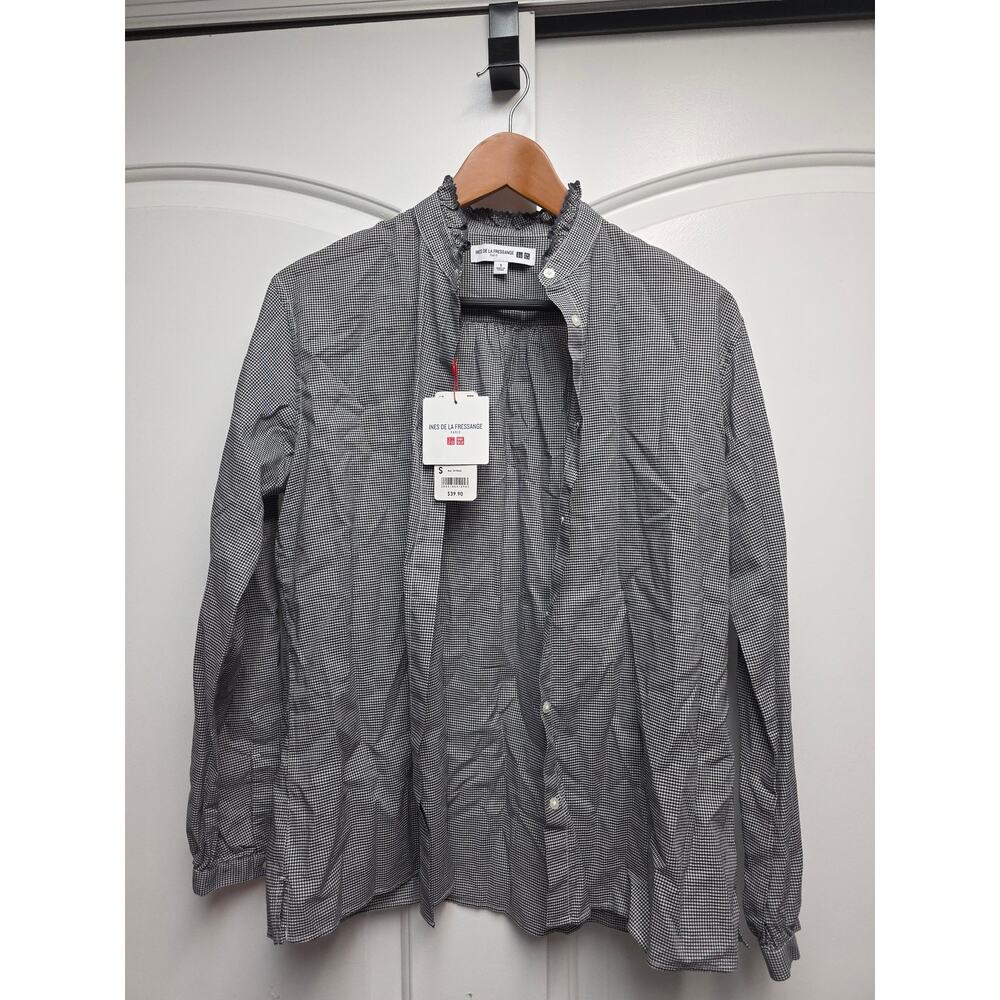 UNIQLO INES DE LA FRESSANGE Frill Check Blouse (Long Sleeve) sz Small